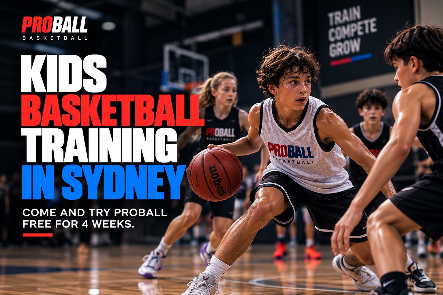 Kids basketball training in Sydney with ProBall, featuring junior players developing their skills during an indoor basketball training session.